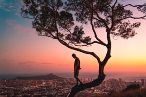A man standing on a tree limb with a sunset in the distance. God of Darkness.