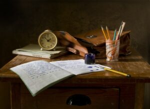 A picture of a messy desk with writing implements scattered. What Should I Write About? 